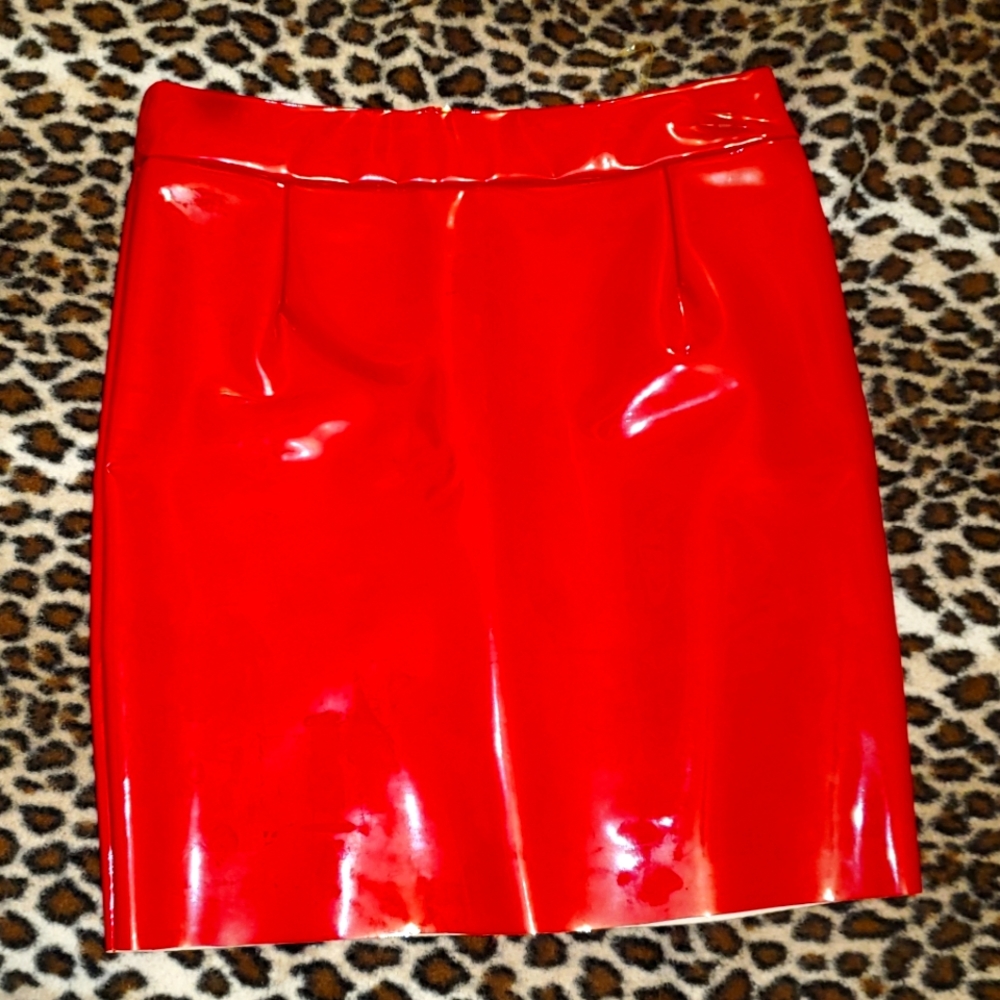 Patent leather red mini skirt